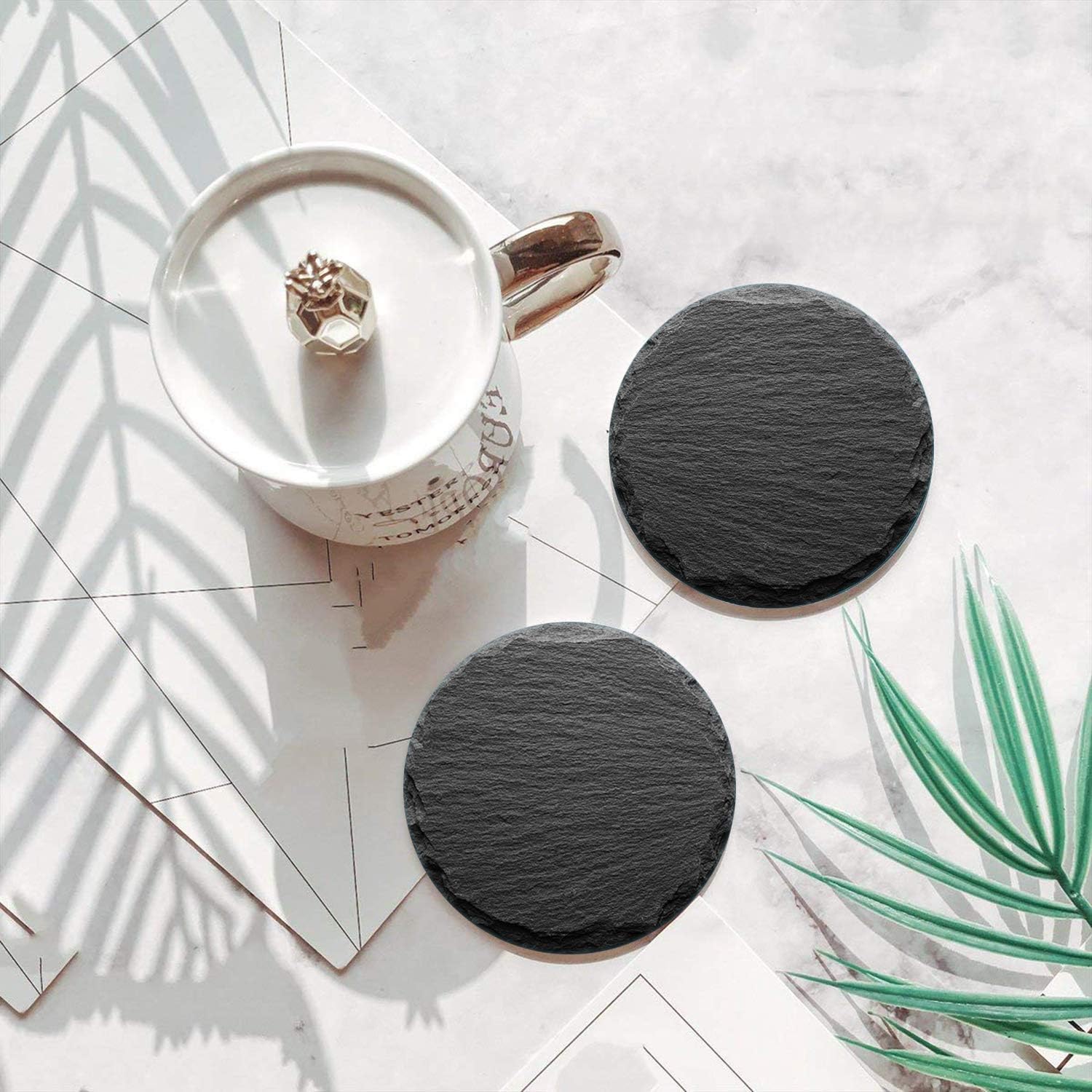 GOH DODD Drink Coasters with Holder, 8 Pieces Rustic Round Slate Stone Coasters 4 Inch Handmade Coasters for Bar and Home, Black: Home & Kitchen