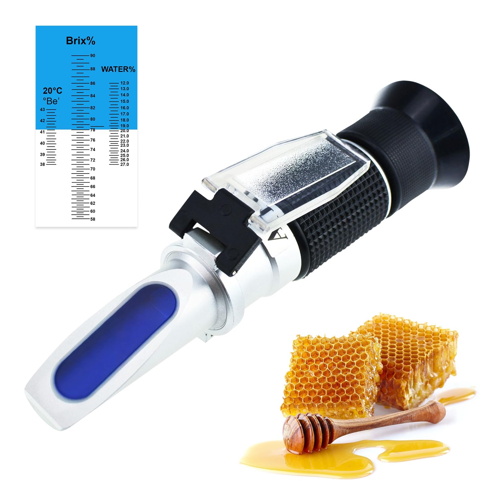 TEKCOPLUS Optics Honey Sugar Moisture Brix Baume Refractometer ATC, Tri-scale 58-90% Brix, 38-43 Be'(Baume) 12-27% Water, Beekeeping, Maple, w/EXTRA Dioptric Oil (For calibration), Reference