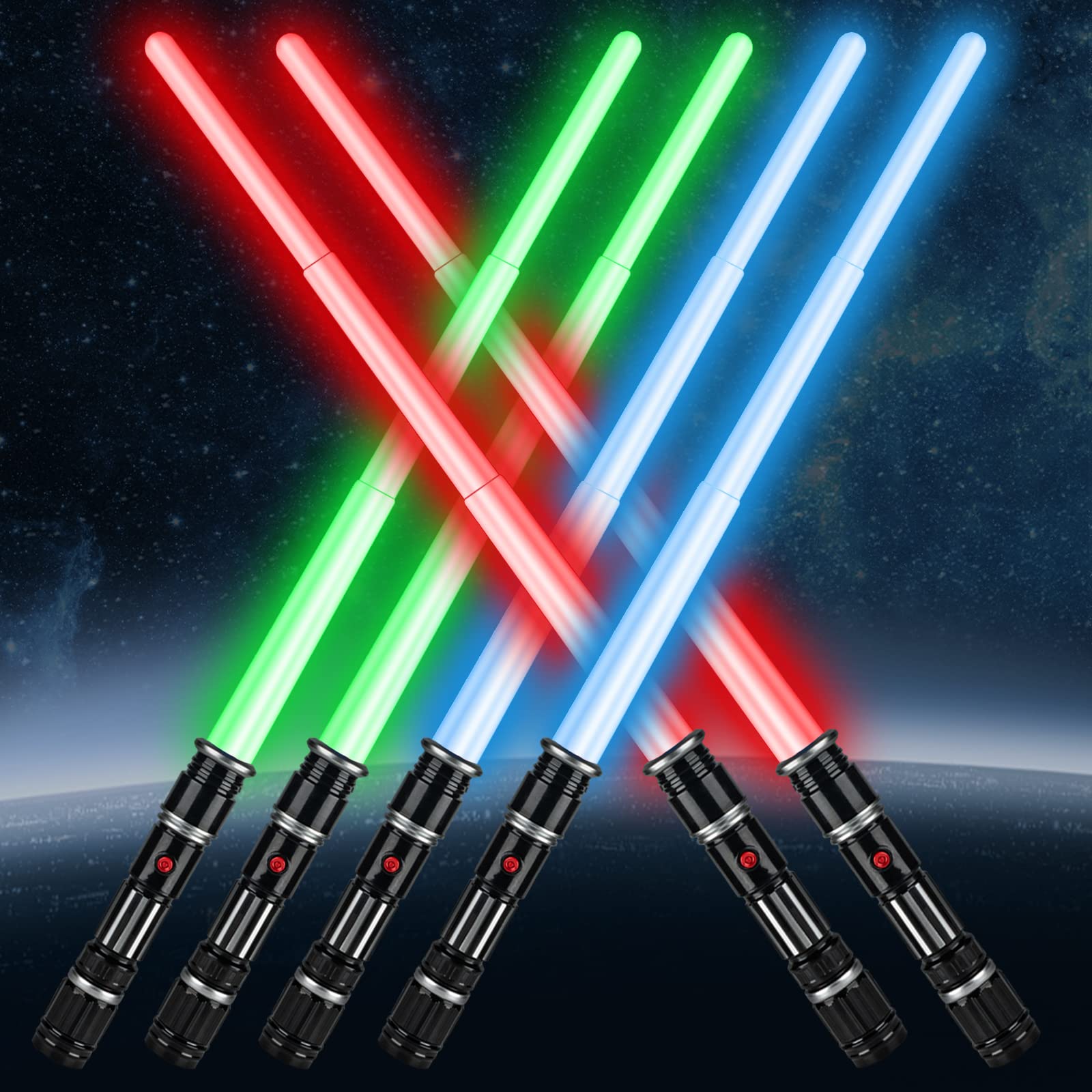 Photo 1 of Bakatatoyz 6 Pack Light Up Sword 3 Colors Saber,Light Swords with FX Sound(Motion Sensitive) and Realistic Handle for Kid, Halloween, Costumes Play Party, Galaxy War Fighter and Warriors,Xmas