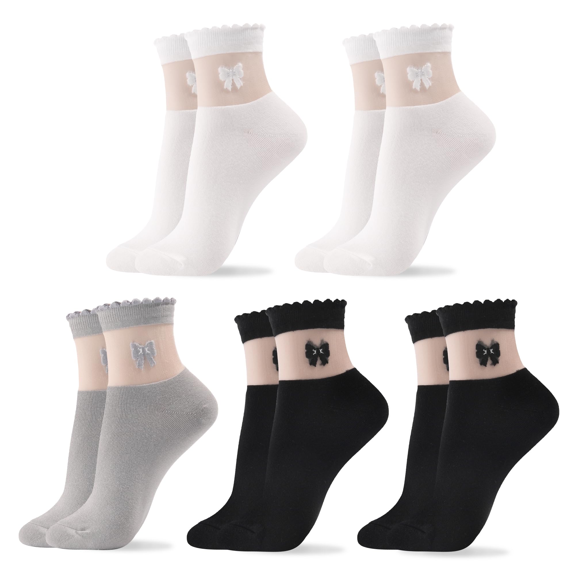 Photo 1 of kikiya socks Women Cute Crew | 3 Pairs Ribbon Pattern with Sheer Mesh Design Novelty See-through Graphic Black White Gray Daily Boots Preppy Cotton Socks | Womens Ladies Girls Gift | Ribbon Ankle B