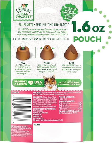 GREENIES FELINE PILL POCKETS FOR CATS NATURAL SOFT CAT TREATS, SALMON FLAVOR, 1.6 OZ. POUCH (45 TREATS)