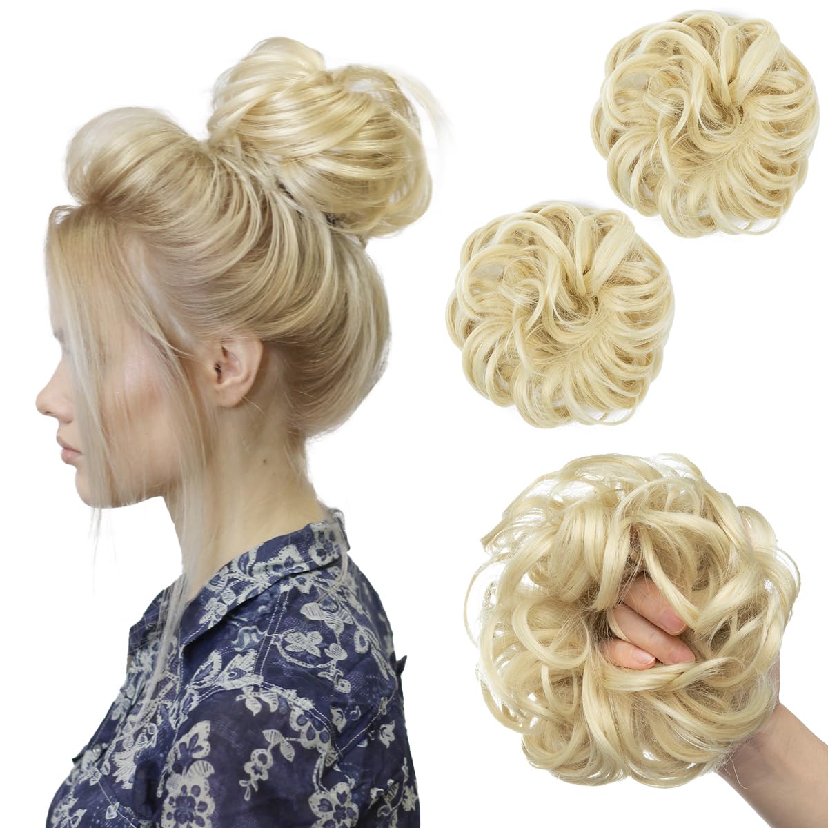 Photo 1 of SARLA 2PCS Beach Blonde Updo Messy Bun Hair Hair Piece Synthetic Wavy Curly Scrunchies Ponytail Extension for Women Girls