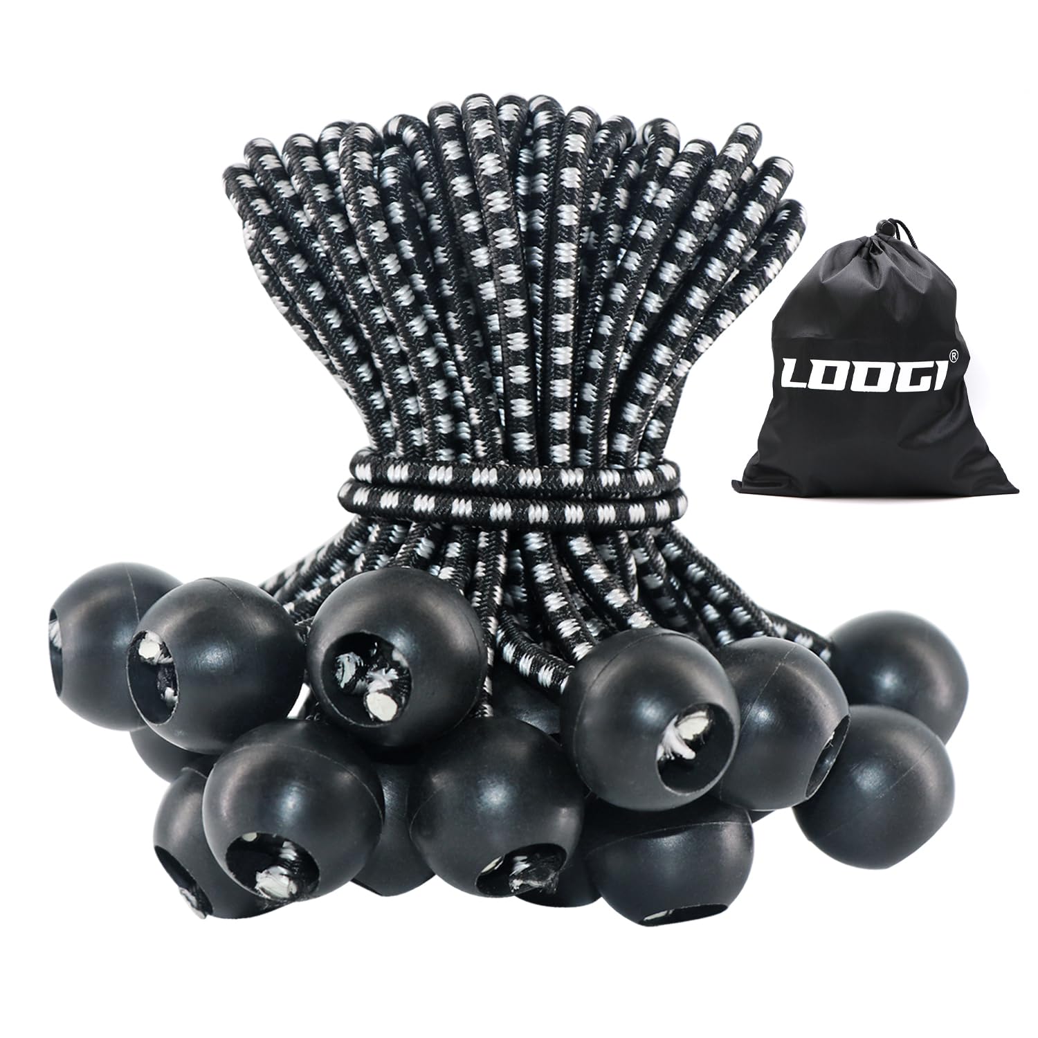 LOOGI Bungee Cord with Balls, 30Pcs 4 Inch Black Bungee Ball Cords, Heavy Duty Tarp Bungees Ties Elastic Tie Down Straps for Tarpaulin Tent Camping Pavilions Flag Marquee — image 1