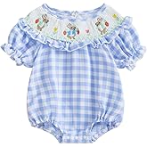 Adobabirl Baby Girl Easter Outfit Bunny Embroidery Smocked Bubble Romper Plaid Short Sleeve Bodysuit Cute Summer Clothes