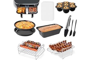 RHM Dual Basket Air Fryer Accessories, Set of 10 Fit for Ninja Dual Air Fryer DZ201, DZ401 & Most 8 Quart - 10 Quart and Larger Dual Zone Air Fryer, Include Cake Pizza Pan, Rack & Skewer, Paper Liner, etc