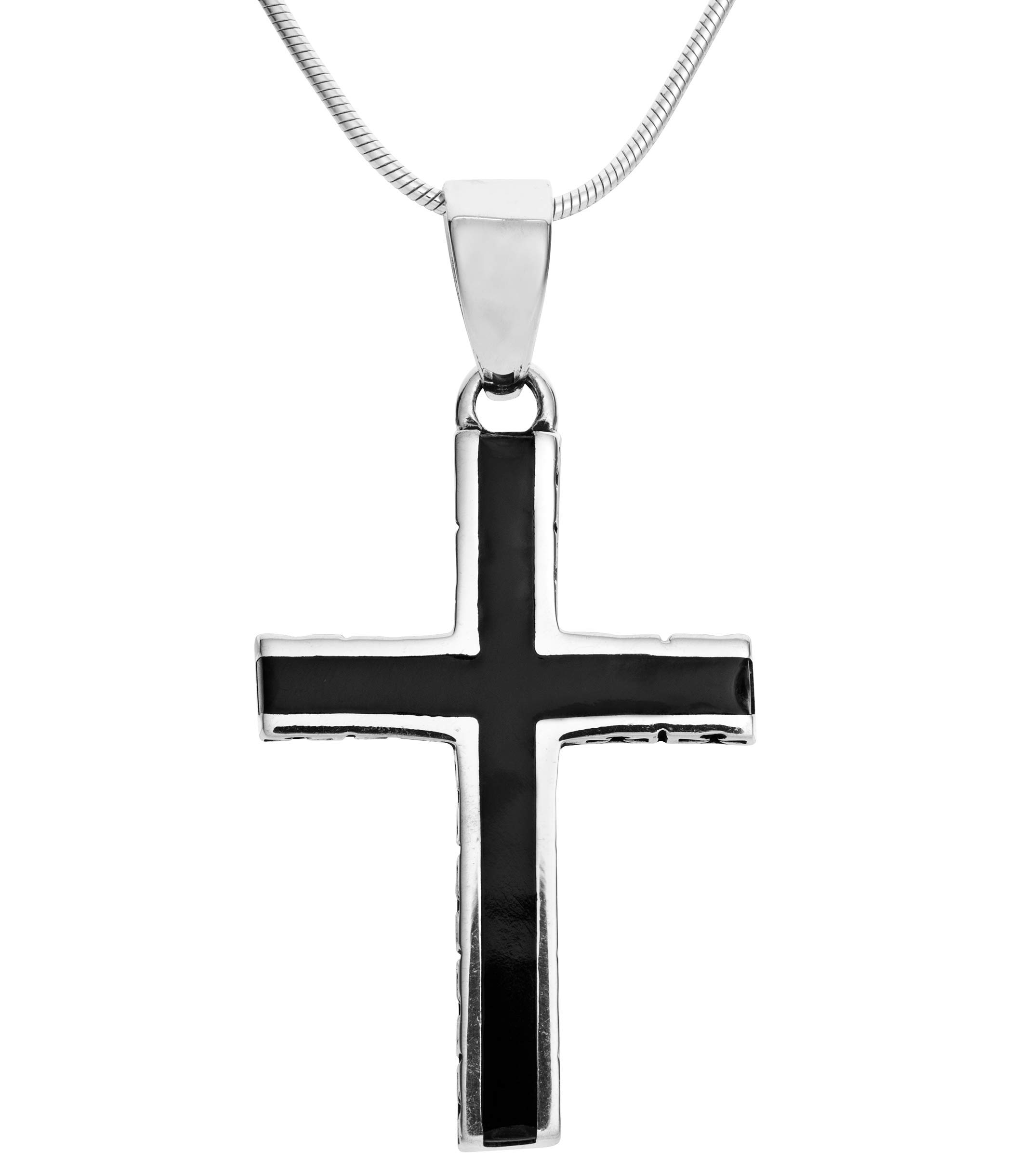 Treasure Bay Men's Cross Silver black Enamel Pendant Necklace | Amazing Sterling Silver Cross Pendant with Chain for Men