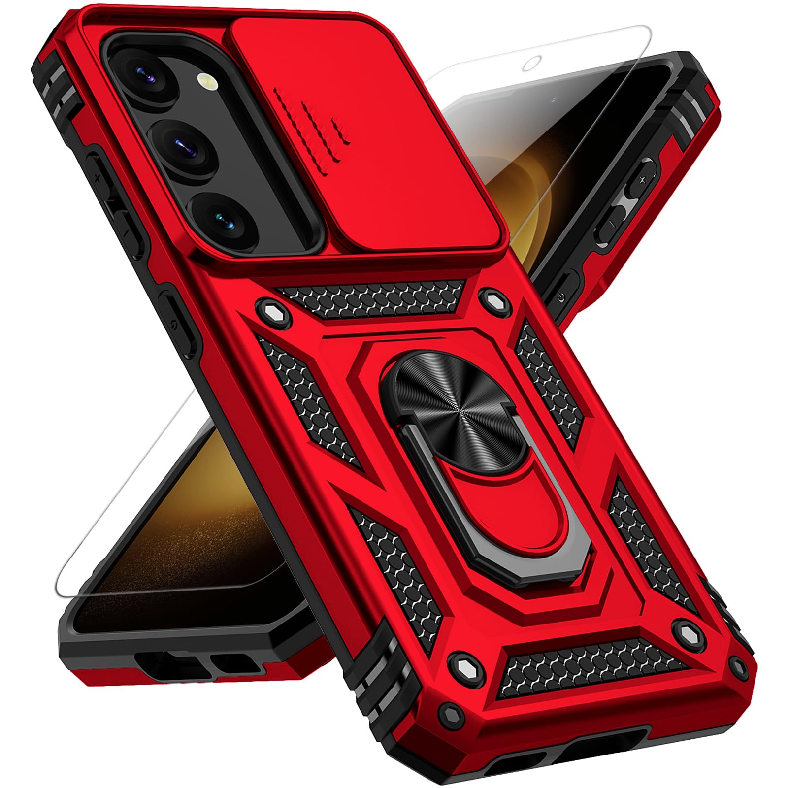 for Samsung Galaxy S23 Case, with Slide Camera Cover HD Screen Protector 360° Rotable Ring Holder Kickstand Military Grade Protection 15ft Drop Tested Protective Phone Case for Galaxy S23 (Red)