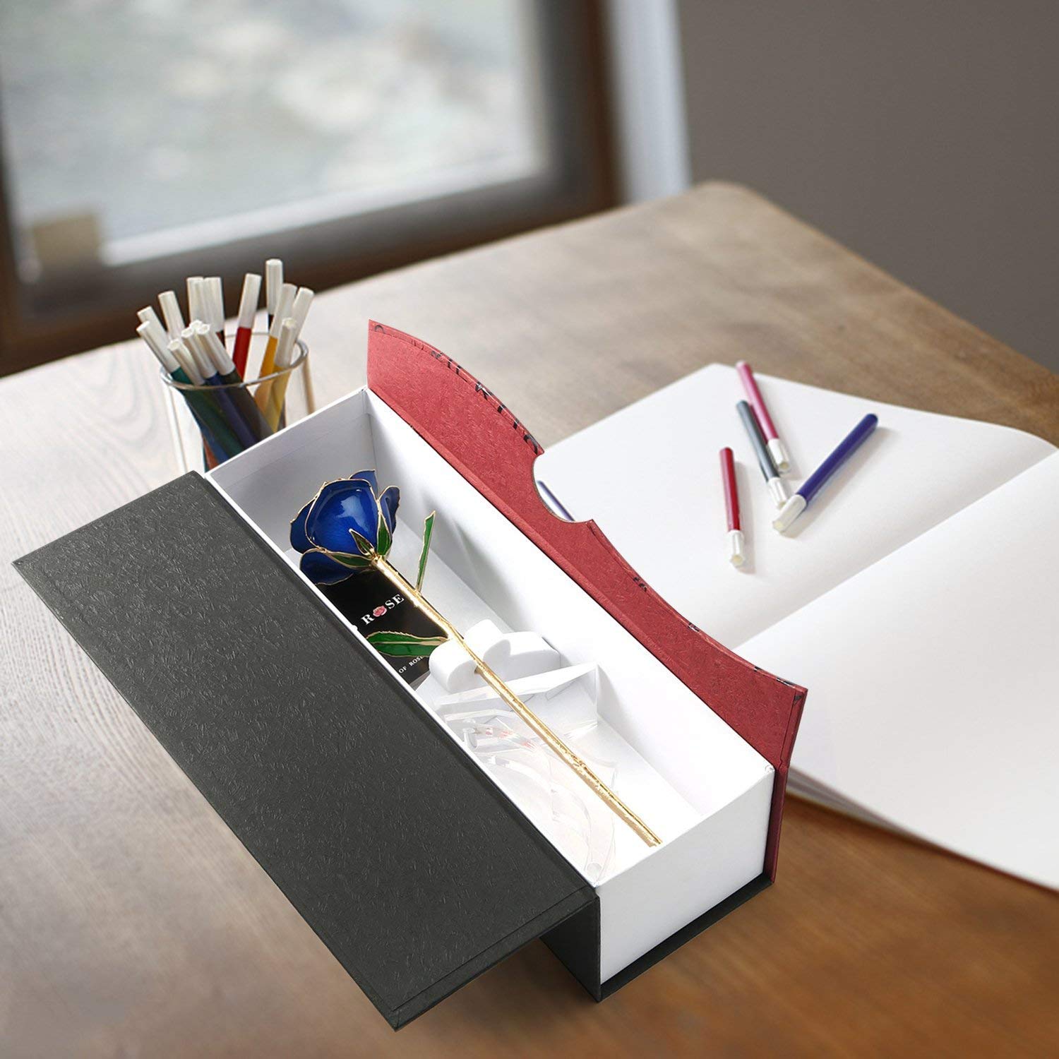 NICEAO 24K Gold Foil Trim Red Rose Flower Long Stem with Transparent Stand, Best Gift for Valentines Day, Mothers Day, Anniversary, Wedding, Birthday Gift, Treating Yourself (Blue)