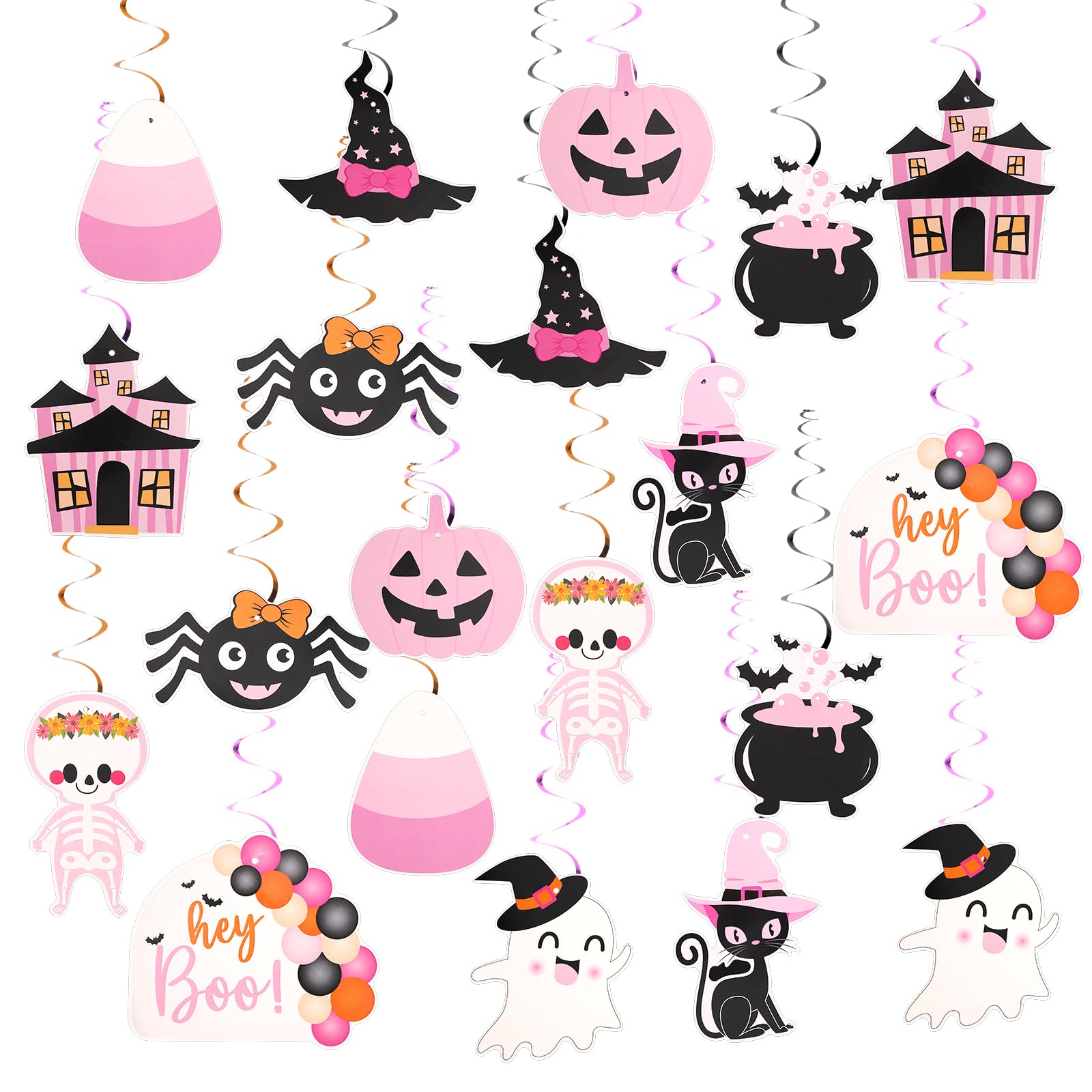 20pcs Pink Halloween Hanging Swirl Decoration, Centerpieces Ceiling Streamer Hey Boo Cat Ghost Witch Pumpkin Spider Spiral Decor for Home Girl Party