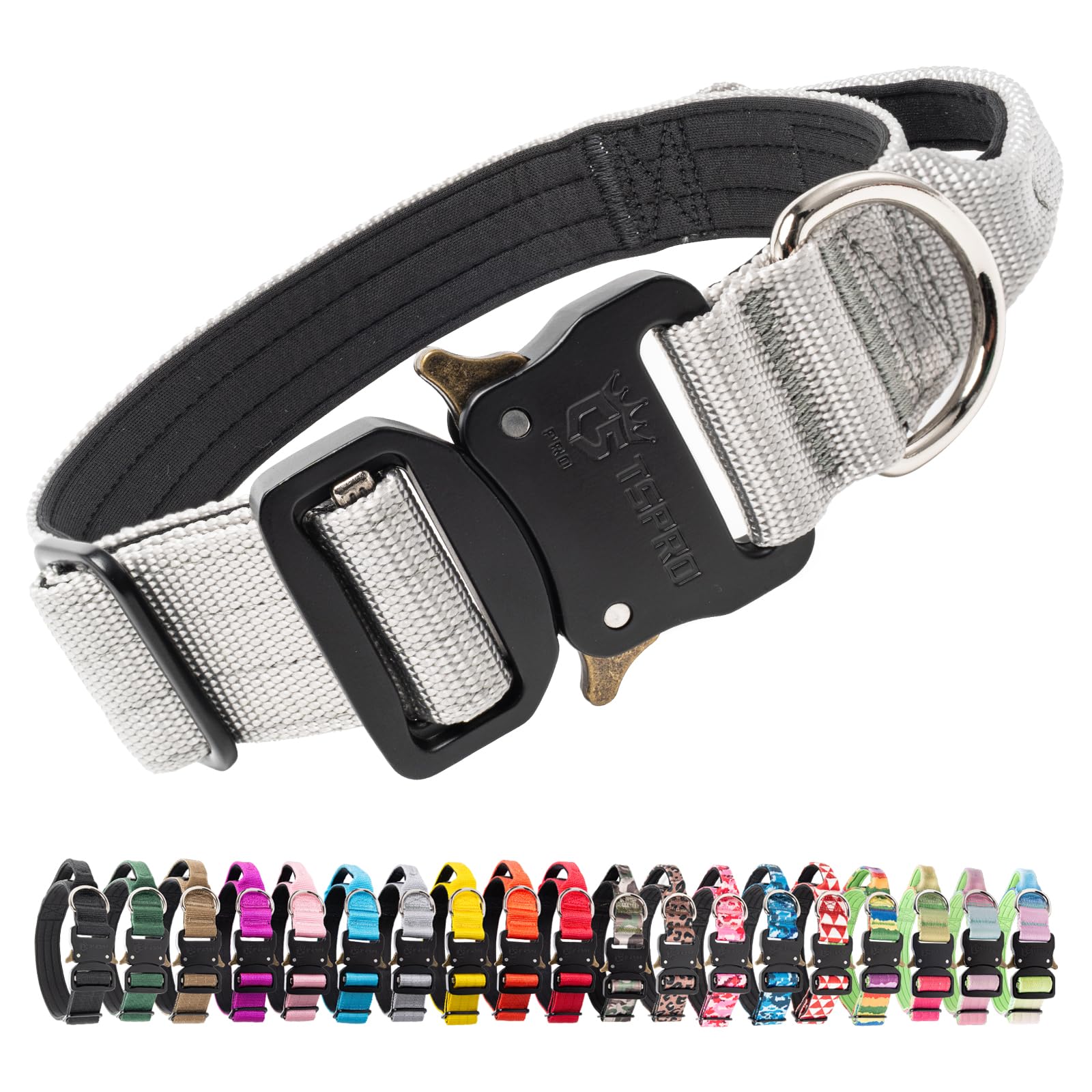 TSPRO Tactical Premium Dog Collar with Handle & Heavy Duty Quick Release Metal Buckle, Adjustable Thick Strong Collar for Medium Large Dogs (Silver, M)