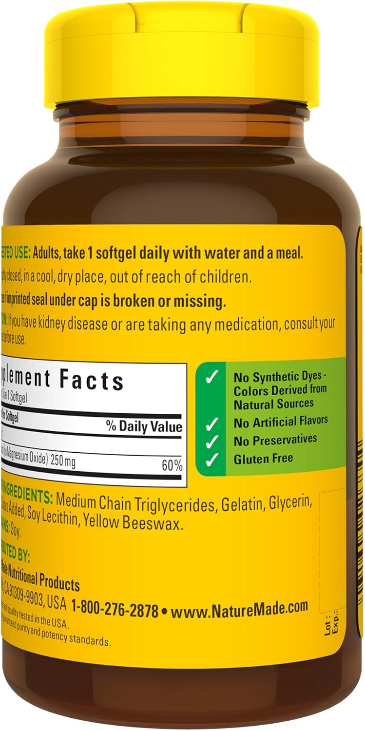 Nature Made Magnesium Oxide 250 mg Softgels, 90 Count for Nutritional Support† (Packaging May Vary): Health & Personal Care