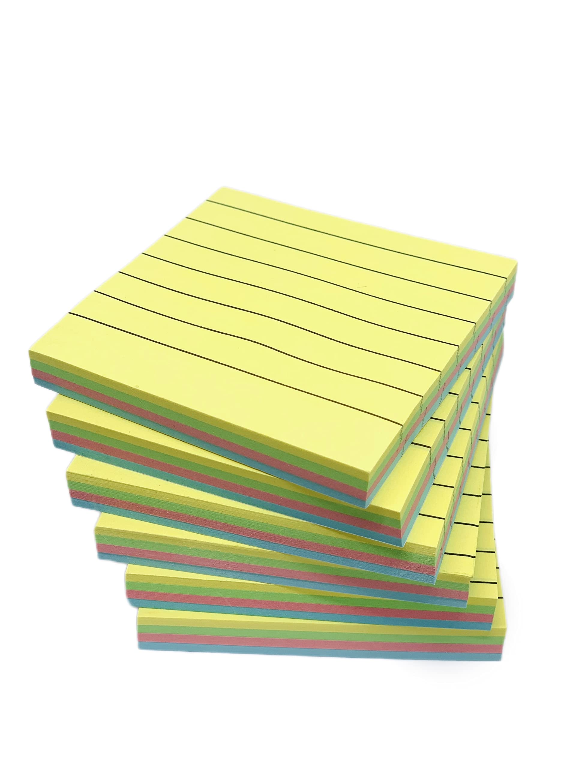 GUMTAPE Lined Sticky Notes 76 mm x 76mm, 6 Pads of 100 Sheets/Pad, Rainbow Neon Mix Sticky Notes 11501/06. Cute Mixed Colour for Office/Home/Kitchen/Baking/School(6 Pads)