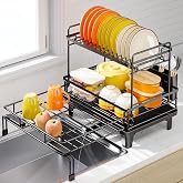 Urackify Expandable Sink Dish Drying Rack for Kitchen Counter, 2-Tier Black | Large Dish Racks, Sink Dish Drainer, Rustproof Dish Strainer with Utensil Holder, 12.3"-20.5" L x 15"W