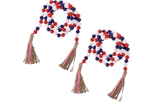 MEDOORE 2 Pieces Wood Bead Garland with Rustic Tassels, Farmhouse Wall Hanging Prayer Beads Patriotic American Independence Day 4th of July Ornaments for Home Decor