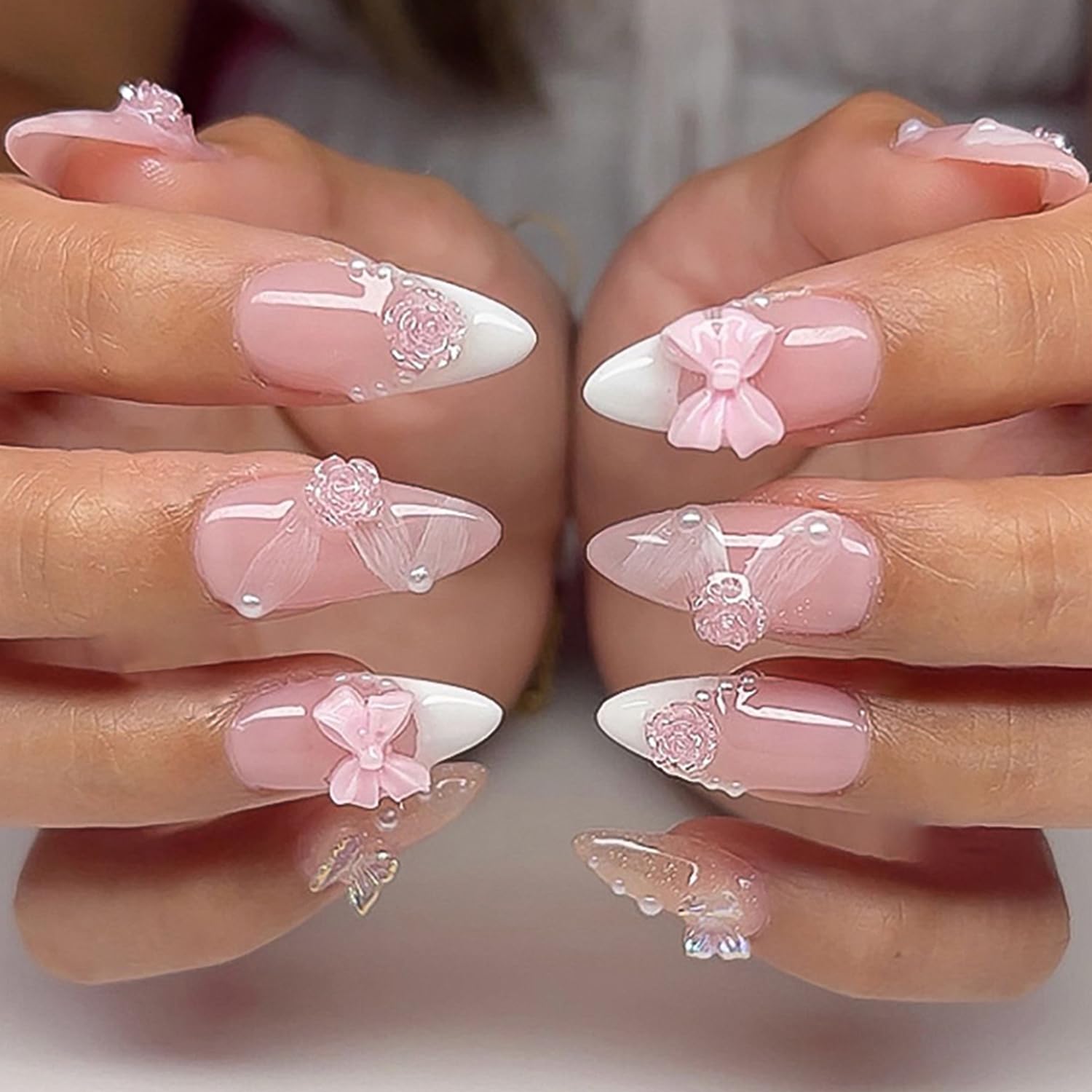 24Pcs Almond Press on Nails Medium French Tip Fake Nails Nude Pink Glue on Nails 3D Bow Pearl Flower Nail Kit False Nails with Ribbon Design Glitter Luxury Acrylic Nail Art Supplies for Women