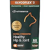 VetriScience Extra Strength Healthy Hip & Joint Chews, GlycoFlex Glucosamine and Green-Lipped Mussel Joint Support Supplement for Cats, Promote Mobility and Soothe Joint Discomfort, Chicken, 60 Count