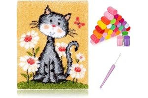 kingsea Latch Hook Kit for Adults, DIY Crochet Yarn Rug with Pattern Printed Latch Hook Rug Kit for Teen, Latch Hook Kit for Beginners - Cat and Flower, 20in x 15in
