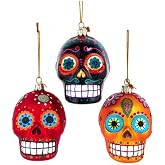Kurt Adler Day of The Dead Sugar Skulls - 3.5 Inch Glass Christmas Tree Ornament; Set of 3