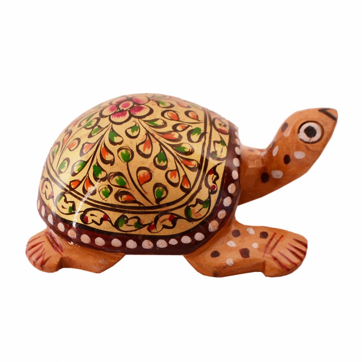 Purpledip Wooden Tortoise/Turtle With Fine Gold Painting; Miniature Idol Gift Vaastu Feng Shui Good Luck Charm (11253)