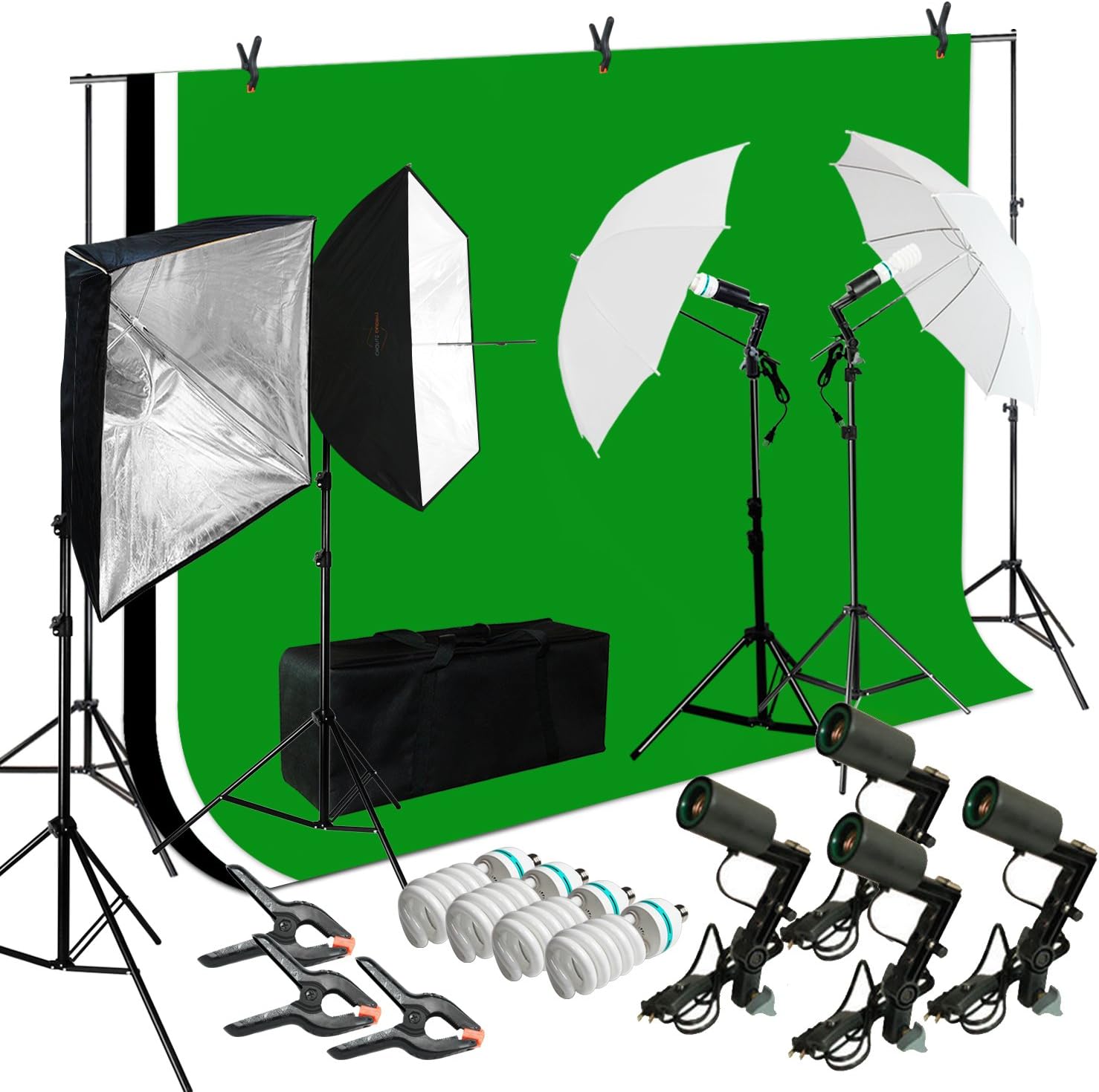 Lusana STUDIO Photo Video Studio Light Kit with 3 Color Backdrops (Black/White/Green) Background Screen Softbox Umbrella, LNA1000-EYLS994
