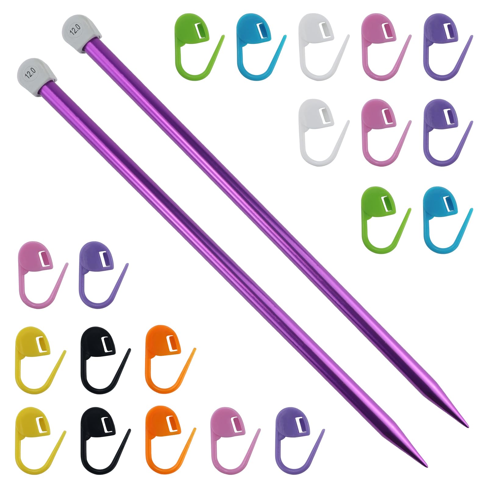 Knitting Needles 12mm UK Size With 20pcs Colorful Stitch Markers - Random Color Metal Pins for Beginners, Professional Knitters, and Arthritic Hands - Lightweight