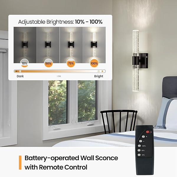 CCYCOL BATTERY OPERATED WIRELESS WALL SCONCES SET OF TWO, RECHARGEABLE BLACK WALL SCONCE SET OF 2 WITH REMOTE CONTROL, MODERN LED WALL LIGHT FOR BEDROOM, LIVING ROOM, HALLWAY (4000K)