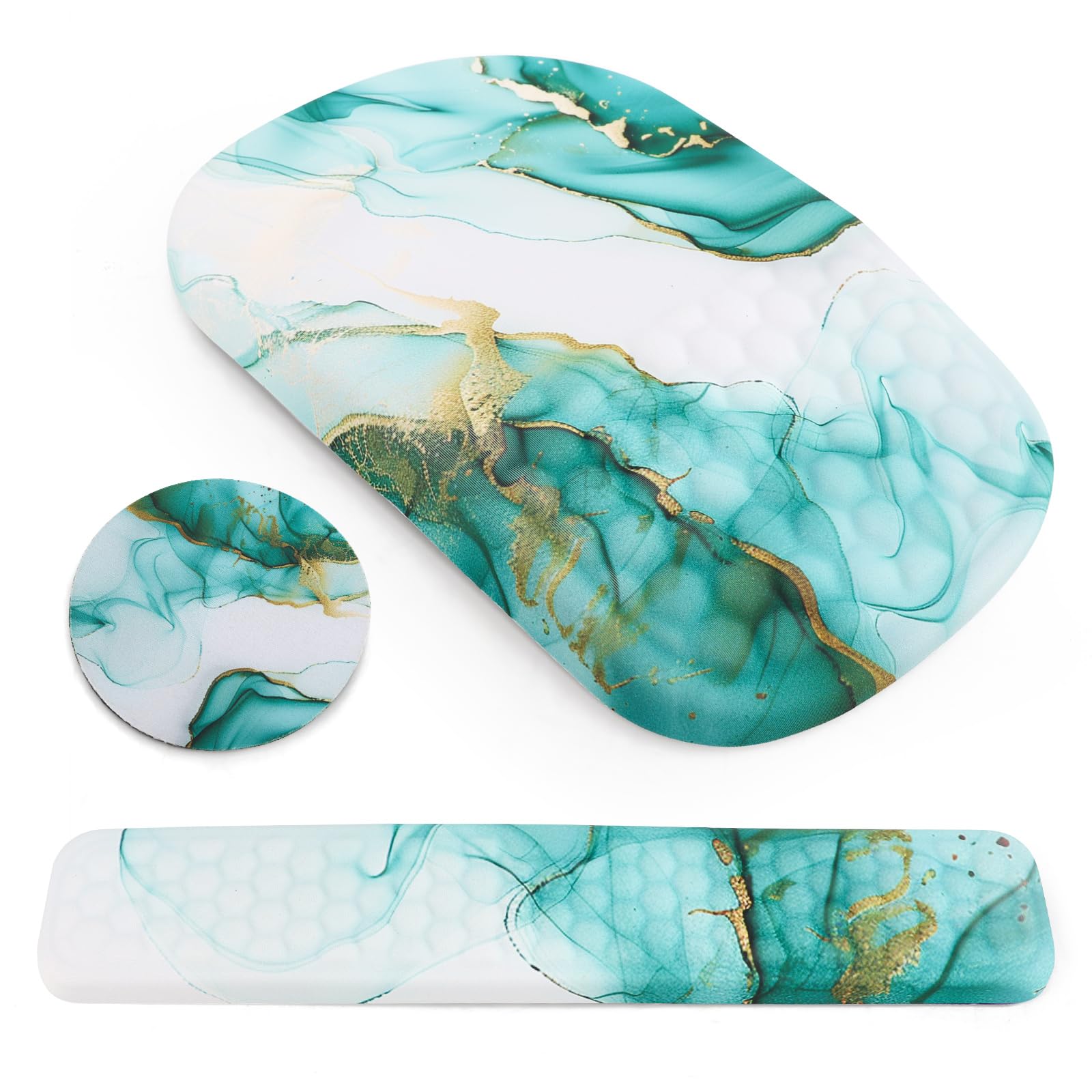 Photo 1 of Mouse Pad with Wrist Rest, 3 in1 Ergonomic Mouse Pad + Keyboard Wrist Rest +Coaster, Mouse Pad with Wrist Support for Home, Office, Laptop (Green Gilt)