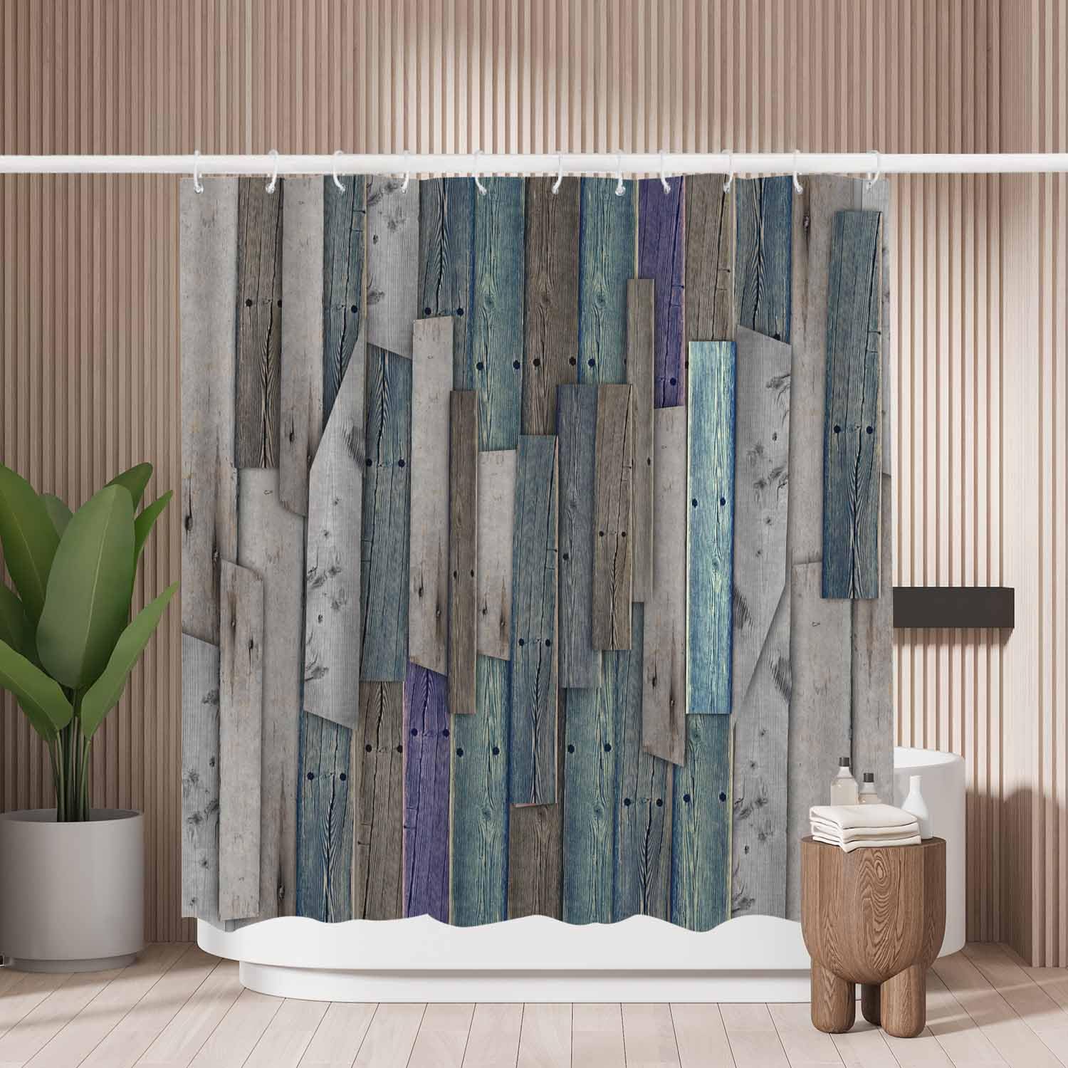 Woutay Shower Curtain Mould Proof Resistant Old Wooden Texture,Water Repellant Fabric,Polyester,with 12 Plastic Hooks,Size 180x180CM