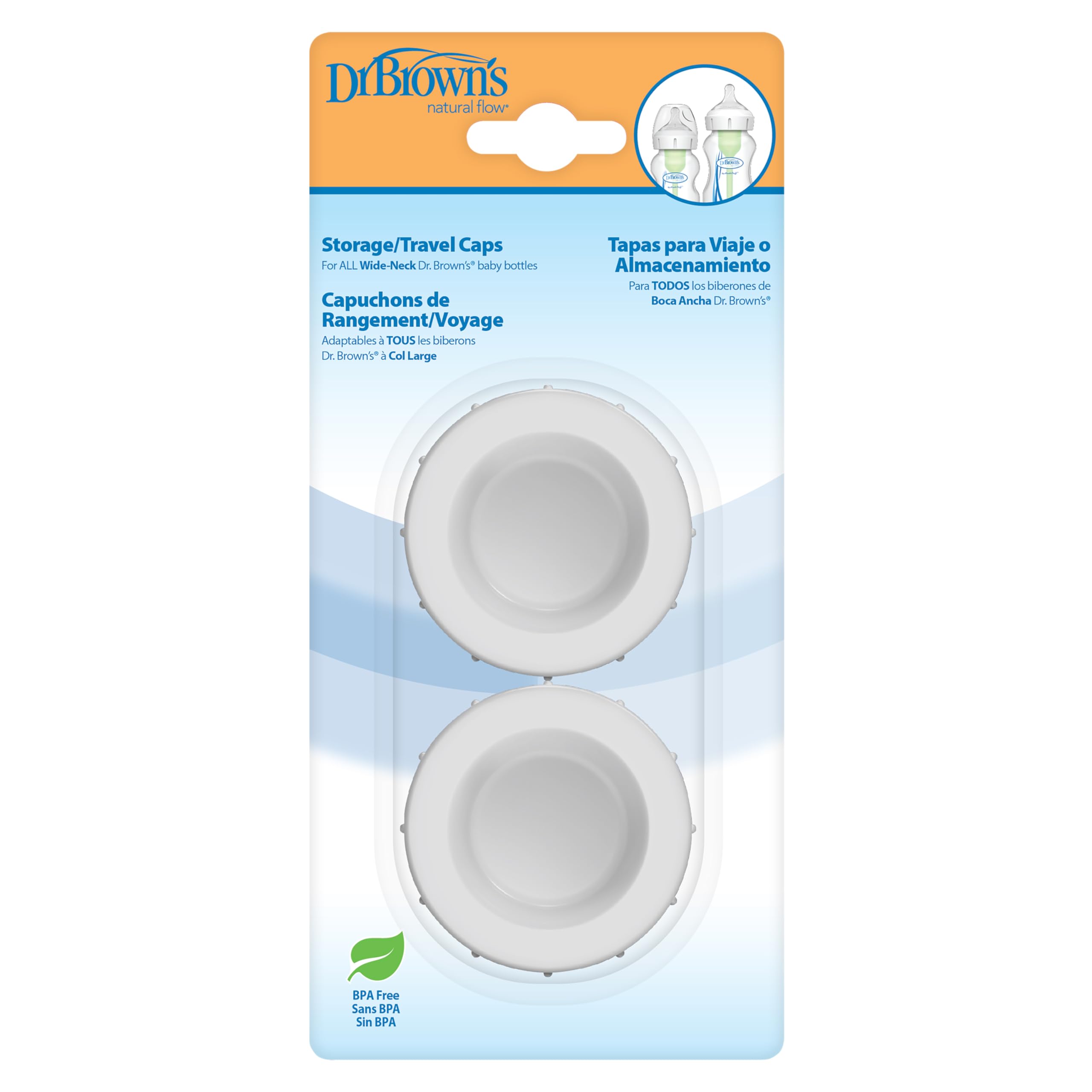Dr. Brown's Natural Flow Baby Bottle Storage Travel Caps, Wide-Neck, Pack of 2, White