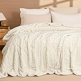 PHF Fluffy Sherpa Blanket Queen Size for Winter, Warm and Soft, 510GSM 3D Jacquard Thick Shaggy Fleece Plush Blanket for Sofa Bed, Cream, 90"x90"