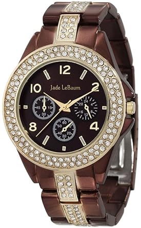 Womens Chocolate Brown Watch Large Face Rhinestone Accent Bracelet Jade LeBaum - JB202747G