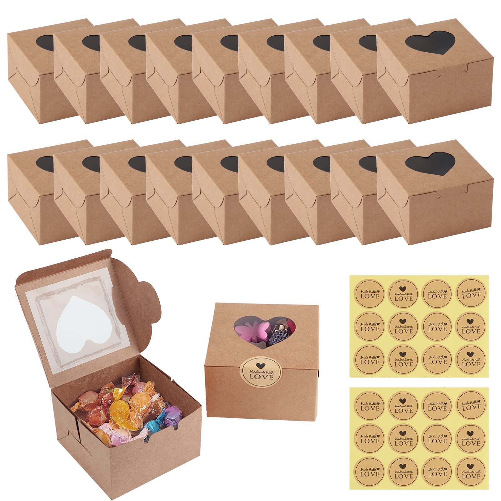 JOYSKY 18 Pcs Brown Cupcake Boxes, Paper Cake Box, Bakery Pastry Boxes with Windows and 24 Stickers, Kraft Candy Boxes for Cupcakes Desserts, Pastries Cookies Small Cakes Candy Pies & Gifts