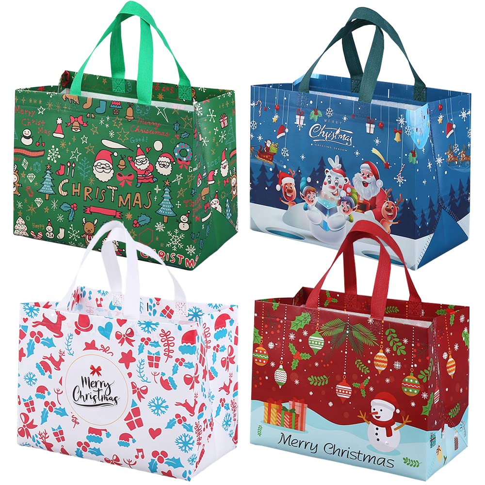 Volsha 4 Pack Christmas Reusable Grocery Bag,Tote Bag with Handle, Gift Present Bag, Shopping Bag for Holiday Xmas Event Party