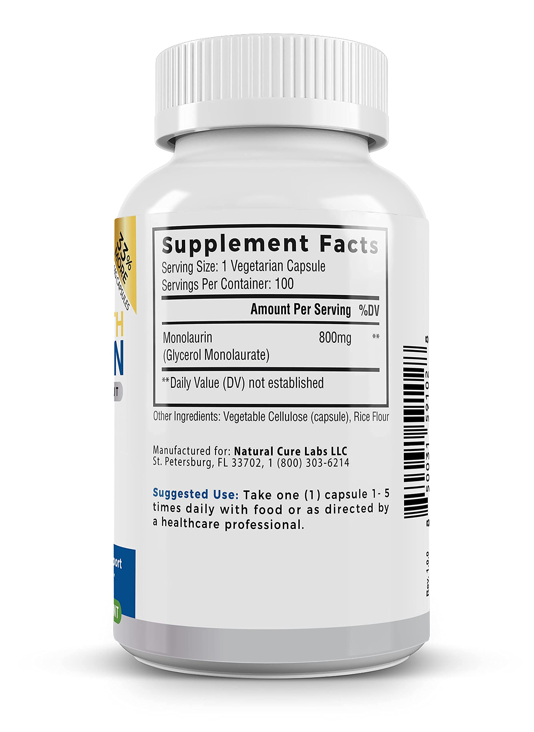 Palmara Health Extra Strength Monolaurin 1,600mg per Serving, 800mg per Capsule