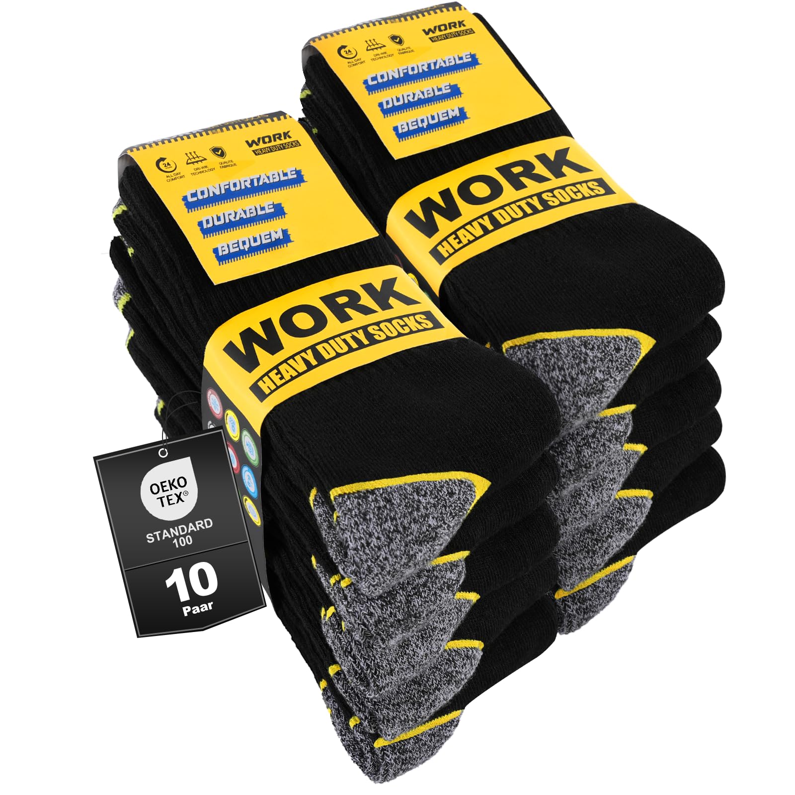 Effeet 10 Paar Arbeitssocken Herren Socken, Gepolsterte Verstärkte WORK Socken, Atmungsaktiv Funktionssocken mit Komfortbund, Lange Work Socks