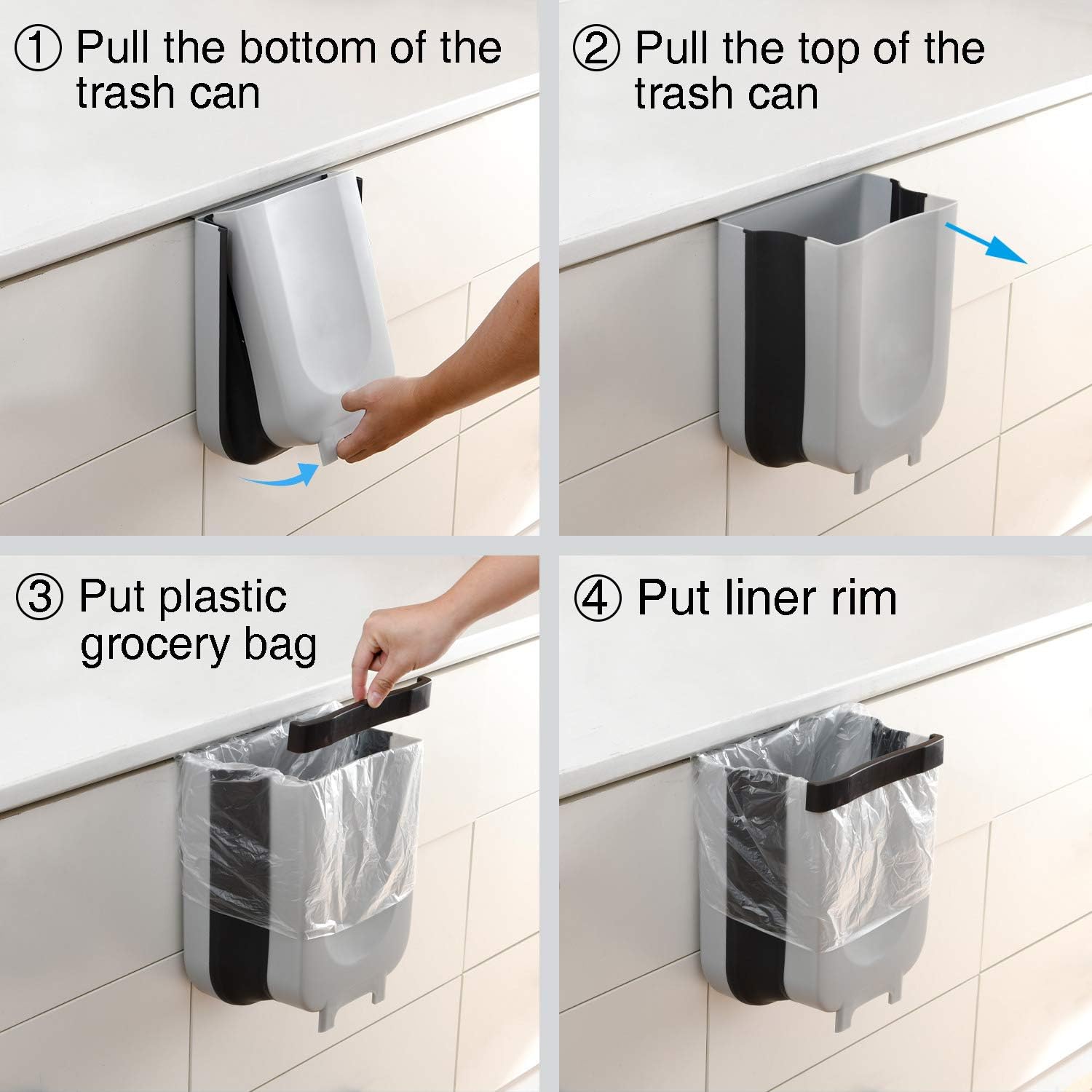 Subekyu Small Hanging Kitchen Trash Can, Collapsible Mini Garbage Bin for Cabinet/Car/Bedroom/Bathroom, Plastic, Grey, 2.4 Gallon: Home & Kitchen