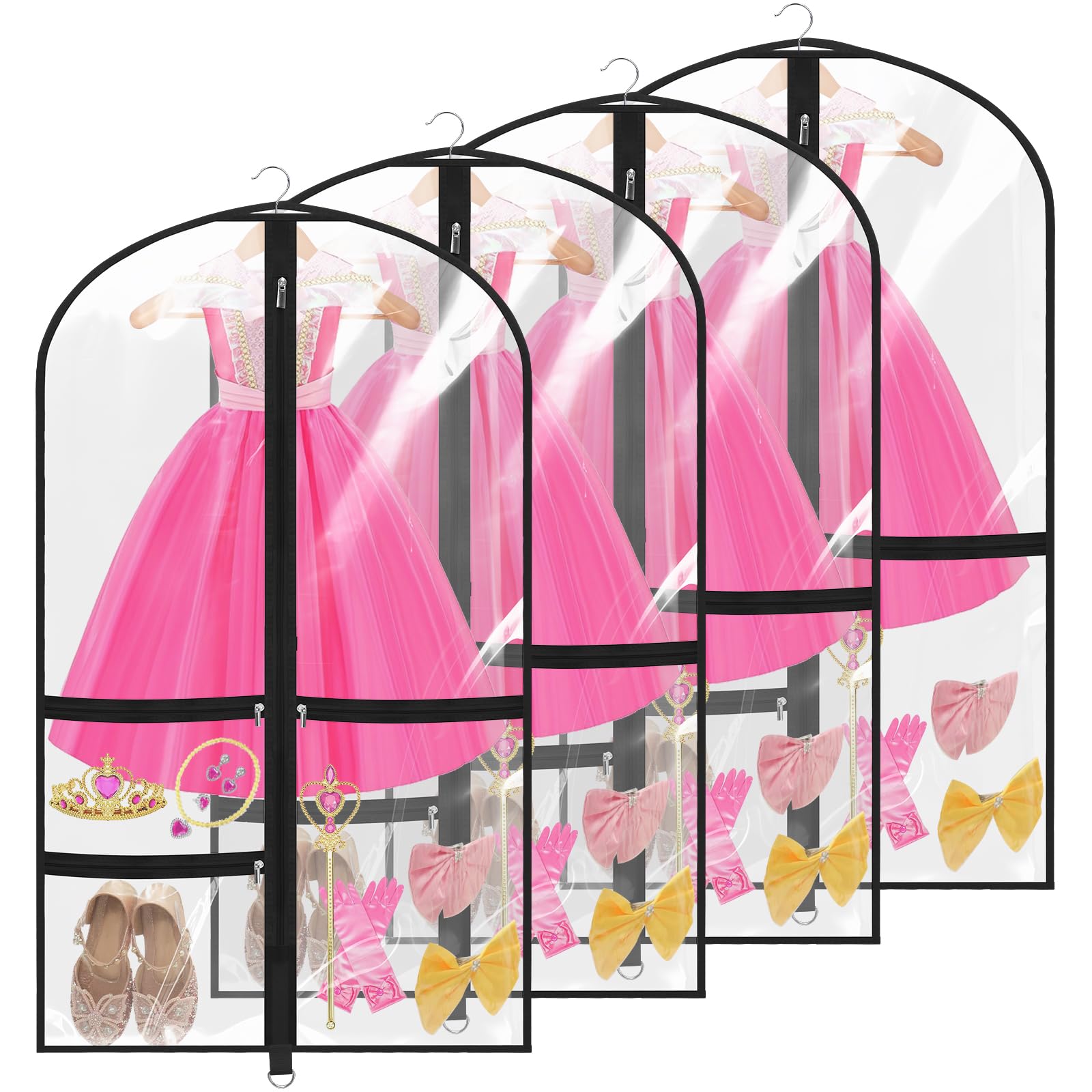 4 Pack Dance Garment Bags, 40" Clear Dance Costume Bags with 3 Pockets, Kids Garment Bags for Hanging Clothes Suit for Travel, Dance Competition and Closet Storage (Black)