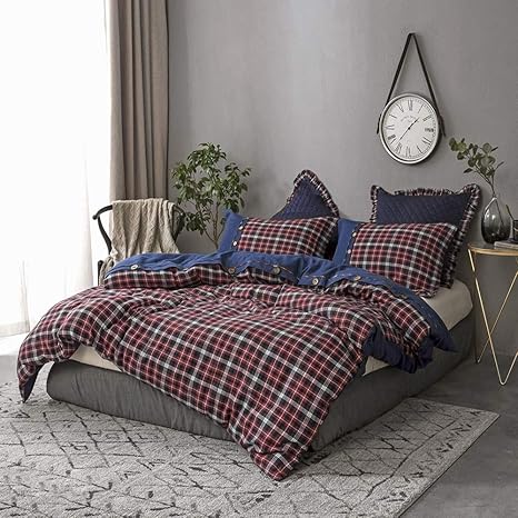 Amazon Com Simple Opulence 100 Cotton And Flannel Duvet Cover Set Blue And Red Grid Denim 3 Piece Bedding Set Including 1 Comforter Cover And 2 Pillow Shams Soft And Comfortable King Blue And Red
