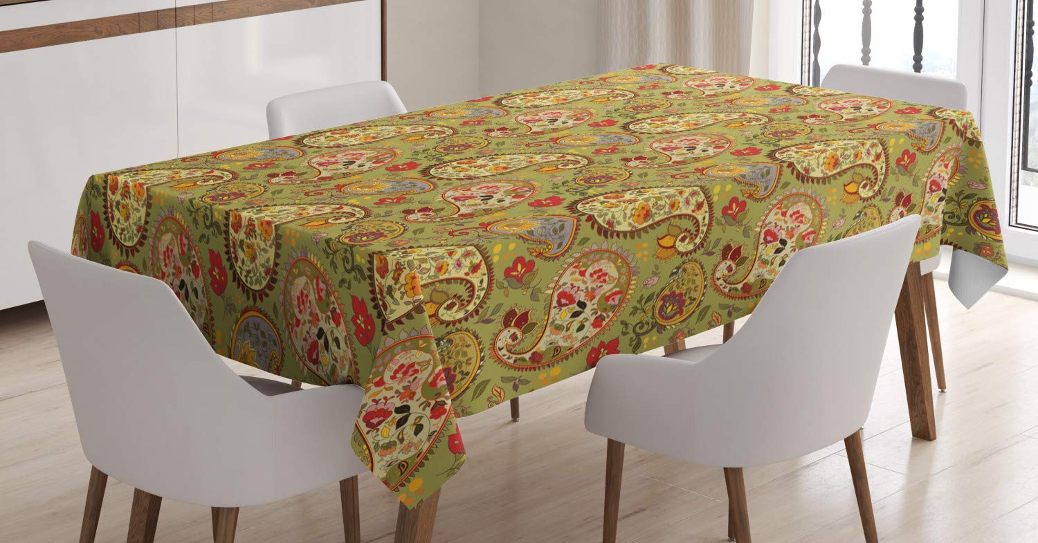 ABAKUHAUS Paisley Tablecloth, Colorful Eastern Oriental Persian Inspired Pattern on Green Color Backdrop, Dining Room Kitchen Table Cover, 54" x 94", Green Yellow