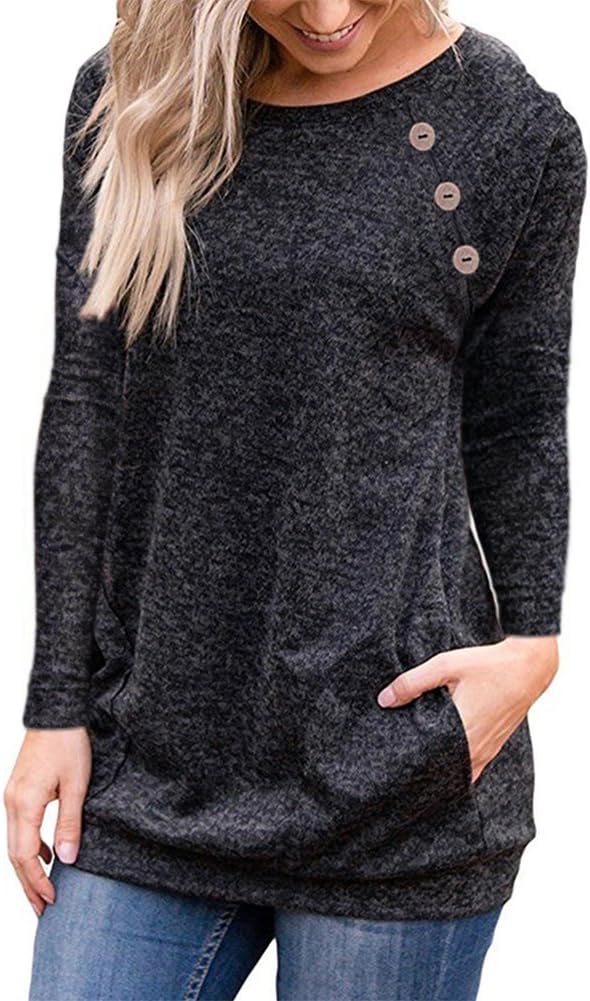 LEANI Women's Casual Long Sleeve Loose Tunic Button Blouses Shirt Tops with Pockets