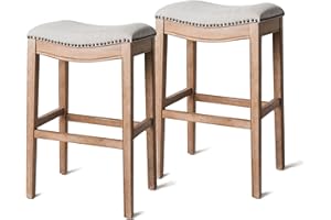 Maven Lane Adrien 31 Inch Bar Height Upholstered Backless Saddle Barstool in Weathered Oak Finish with Sand Color Fabric Cushion Seat, Set of 2