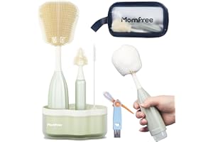 MOMFREE Baby Bottle Brush Set, Push-Press Design Silicone Bottle Brush Can Generate Foam - Travel Cleaner Brush for Baby Bottles, Breast Pumps, Nipples, and More(with Storage Bag)