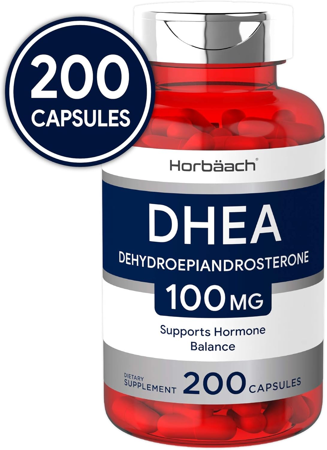 DHEA 100mg | 200 Capsules | Non-GMO, Gluten Free Supplement | by Horbaach