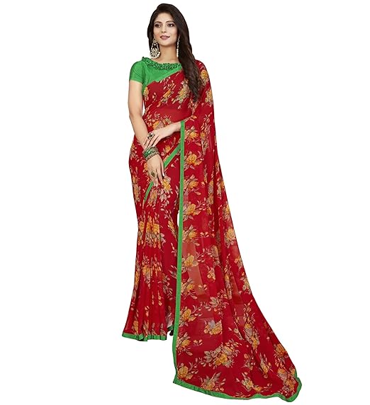 Womens Floral Print Georgette Saree with Satin Border and Blouse Material ( RKRU2705B , Red)