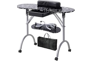 WELLHUT Folding Manicure Table Portable Nail Tech Tables with Carrying Bag, Salon Station Spa Nails Desk w/Large Drawer, Hand Rest, Lockable Wheels for Nail Techs, Manicurist, CARB2 Certified