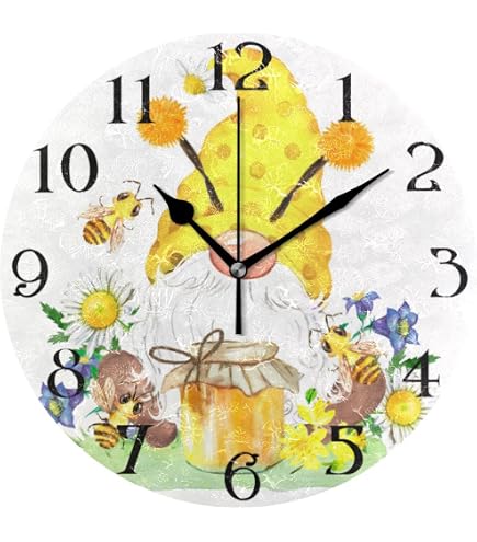Bulletgxll Watercolor Gnome Wall Clock 10 Inch Silent Non-Ticking Battery Operated Round Wall Clock For Living Room, Home, Bathroom, Office Decor