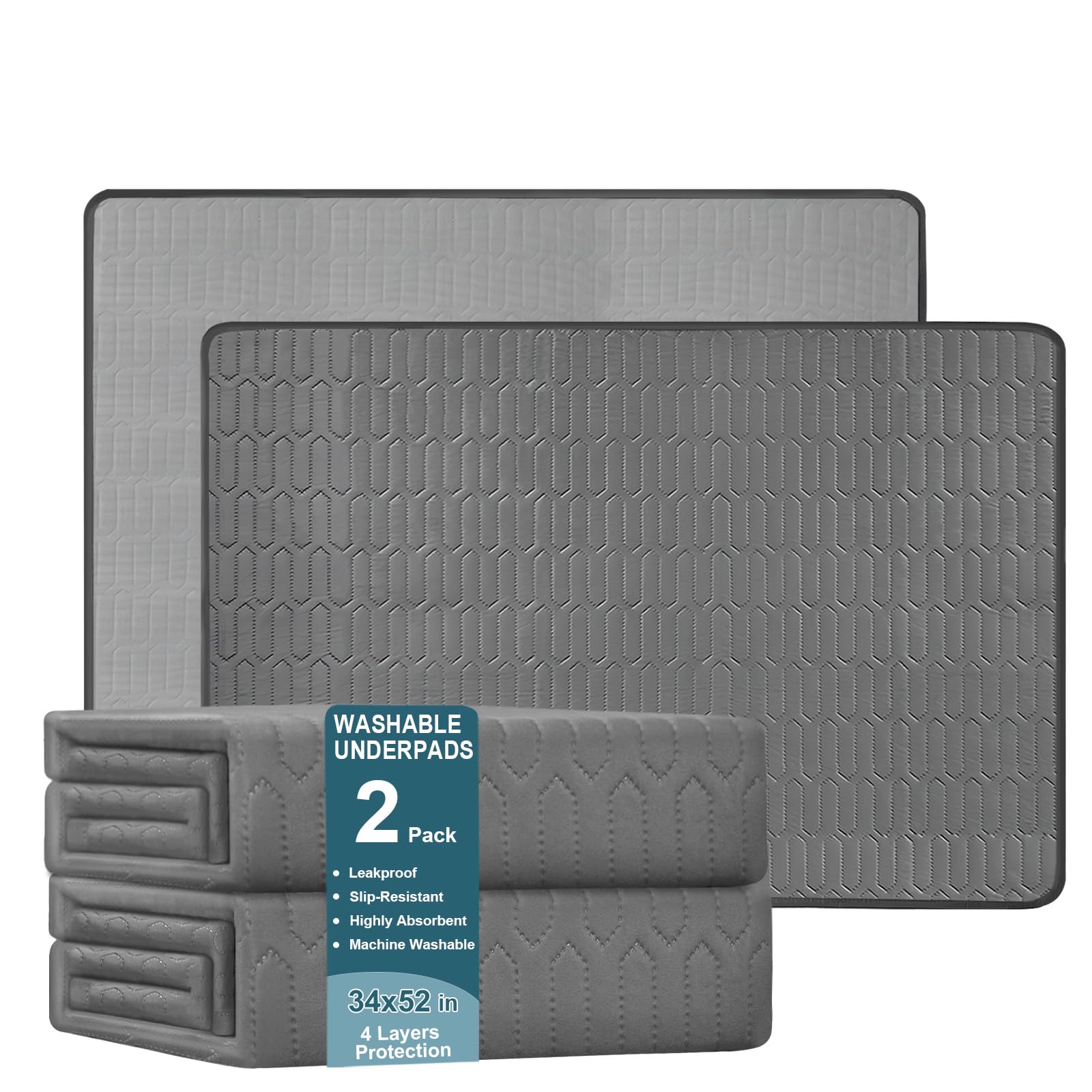 Photo 1 of Washable Underpads, 34x52 Inch reusable bed underpads - Heavy Duty Incontinence Bed Pads for Adults, Kids, Elderly, and Dogs, Gray Mattress Pad for Bedwetting
