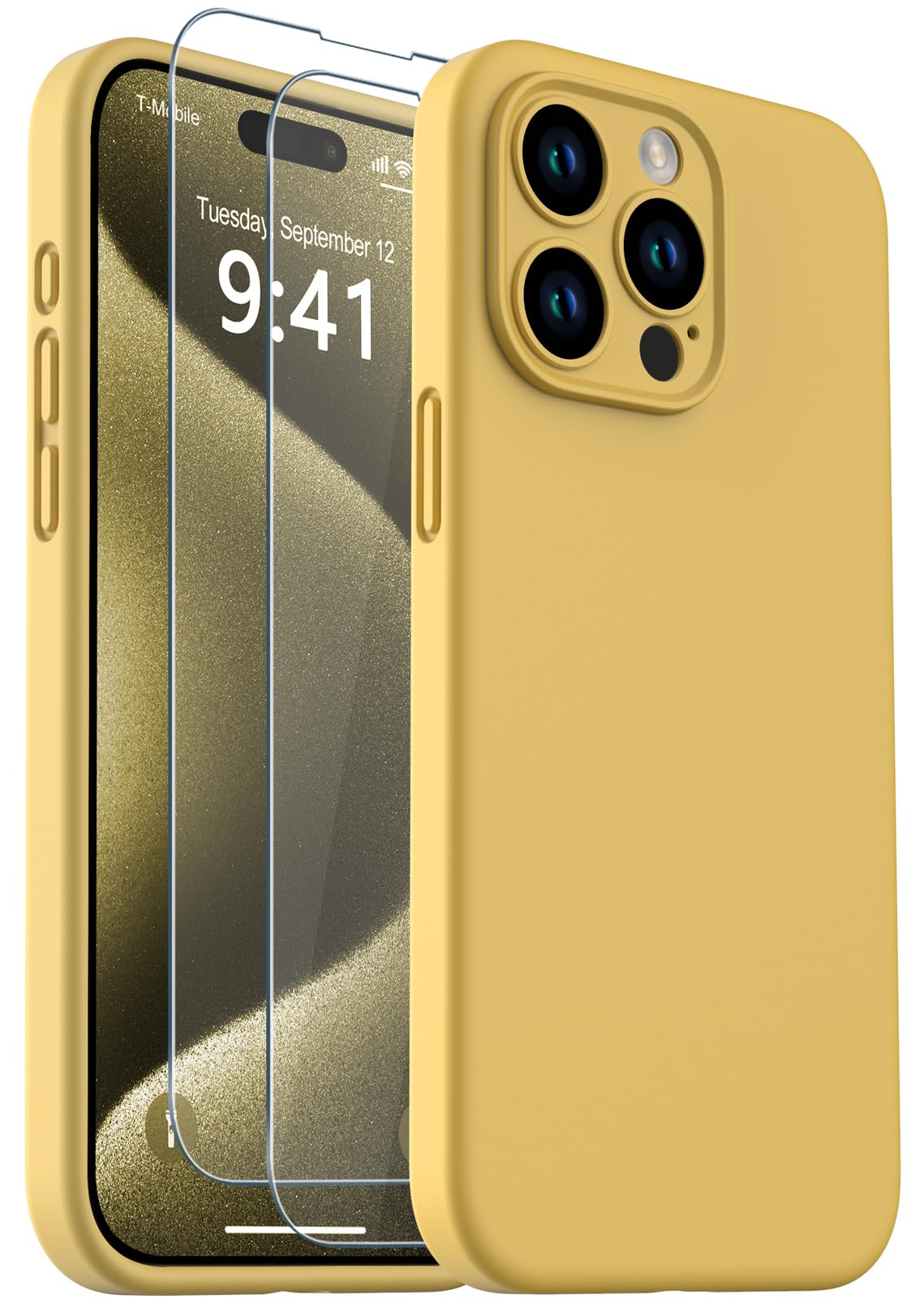 Photo 1 of rumlick for iPhone 15 Pro Max Case, Liquid Silicone Case with [Tempered Glass Screen Protector] [Full Camera Protection], Soft Anti-Scratch Microfiber Lining Phone Case, 6.7 inch (Yellow)