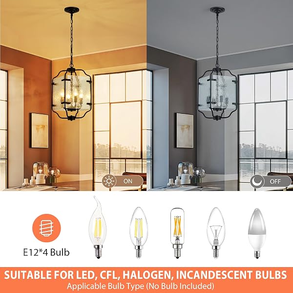 MAJHOIW 10.2″ BLACK CHANDELIERS GLASS 4 LIGHT MODERN FARMHOUSE LANTERN CAGE LAMP ADJUSTABLE HANGING PENDANT LIGHTING FIXTURE FOR KITCHEN ISLAND ENTRYWAY FOYER DINING ROOM