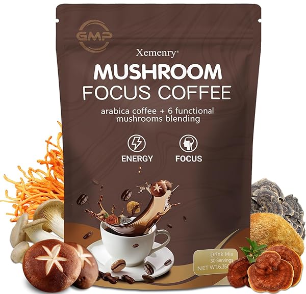 MUSHROOM COFFEE ORGANIC,ENHANCED FOCUS, IMPROVED ENERGY,BOOSTED IMMUNITY, 6 ADAPTOGENIC MUSHROOMS: LION’S MANECORDYCEPS, REISHI, KING TRUMPET, SHIITAKE, CORDYCEPS & TURKEY TAIL, 30 SERVINGS